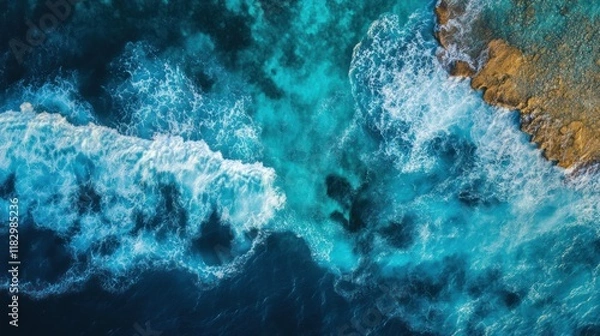 Fototapeta Aerial View of Ocean Waves Crashing Against Rocky Coastline: A Stunning Display of Nature's Power and Beauty