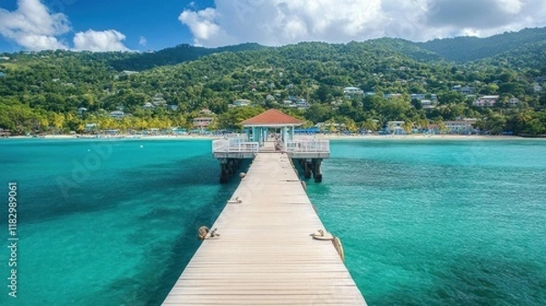 Fototapeta Serene Pier Extending into Turquoise Caribbean Waters