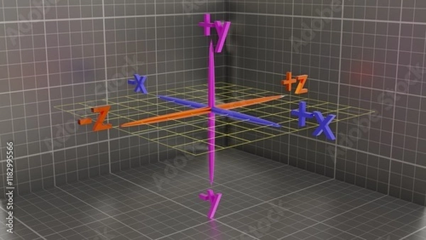 Fototapeta 3d xyz axis. X, Y, Z coordinates defining 3d space. Y axis up down. Z axis in out. 3d render illustration.