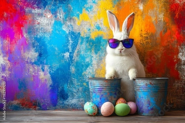 Obraz Cute white rabbit wearing sunglasses near colorful painted background with decorative eggs and metal buckets for Easter celebration or spring festival themes