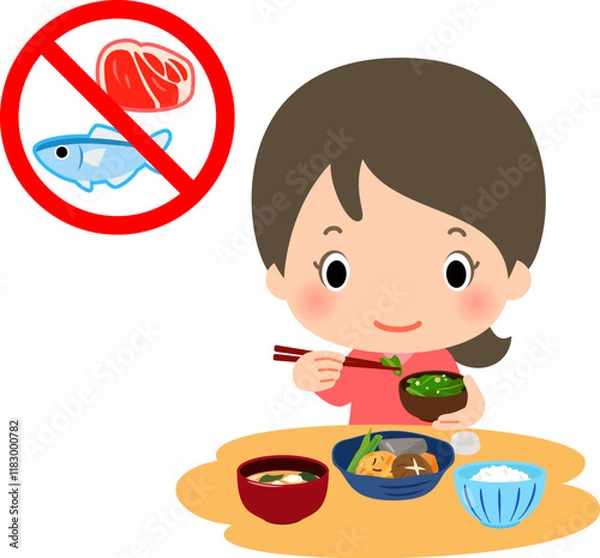 Fototapeta 肉と魚を使わない食事をする女性