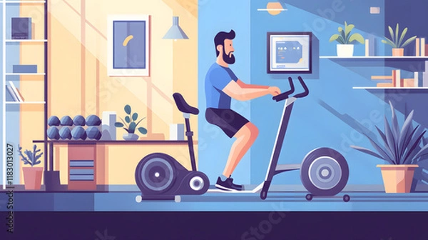 Fototapeta A bearded man exercises on a stationary bike in a stylish home gym. Sunlight streams in, illuminating the room's plants and minimalist decor. He appears focused and determined.
