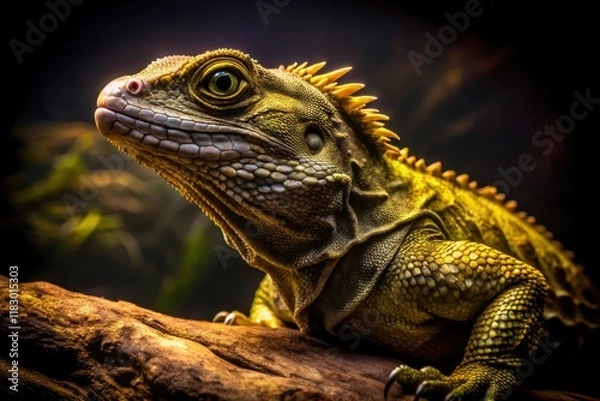 Fototapeta A nocturnal silhouette: Auckland Zoo's tuatara, a threatened reptile, captured in dark nature photography.