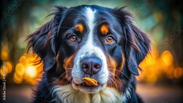Fototapeta Capture the essence of canine cuisine: stunning Bernese Mountain Dog portraits and gourmet treats.