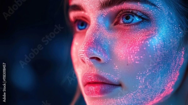 Fototapeta Close-up portrait of a woman's face with neon light painting effect.
