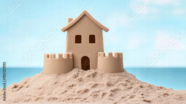 Fototapeta A sandcastle shaped like a house, sitting on a sandy beach with a serene ocean backdrop under a clear sky.