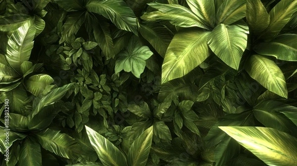 Obraz Lush Green Tropical Foliage Overhead View Showcasing A Dense Layer of Vibrant Leaves Creating A Natural Canopy Perfect for Nature-Related Themes