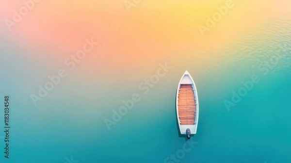 Fototapeta A boat glides on gentle currents in a shimmering lake, reflecting soft sunrise colors, viewed from above