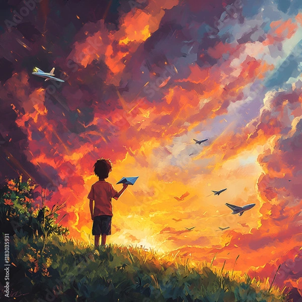 Fototapeta Child with Paper Plane at Sunset, Dreamy Sunset Flight
Paper Plane Childhood Dreams
Boy with Sky Dreams
Sunset Paper Plane Adventure
Flying into Sunset Dreams
Childlike Wonder at Sunset