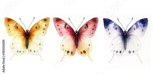 Fototapeta Vibrant Watercolor Butterflies Set Colorful Insects Hand-Painted Illustration on White Background
