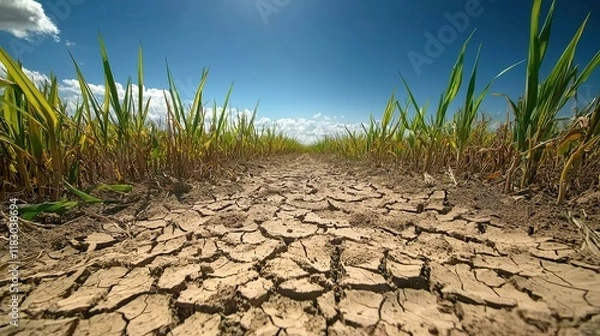 Obraz A cracked, dry earth pathway lined with green crops under a bright blue sky, depicting drought conditions.
