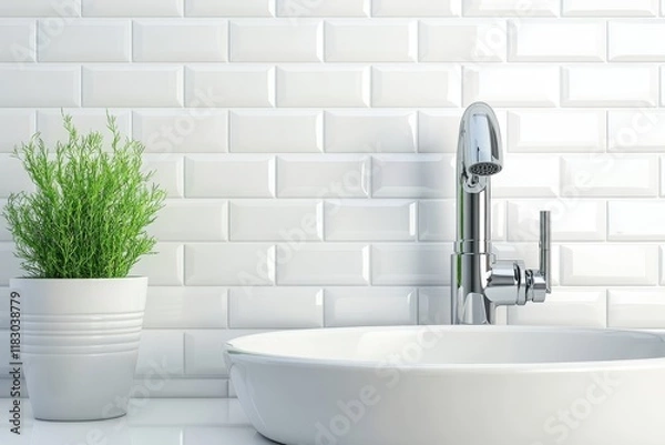 Obraz Modern Bathroom Design Featuring Sleek Sink and Faucet with Green Plant in White Pot Against Stylish Subway Tile Background for a Fresh Look
