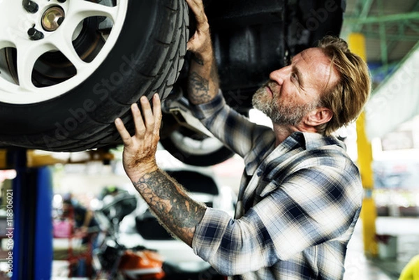 Fototapeta Garage Motor Maintenance Mechanic Fixing Spare Concept