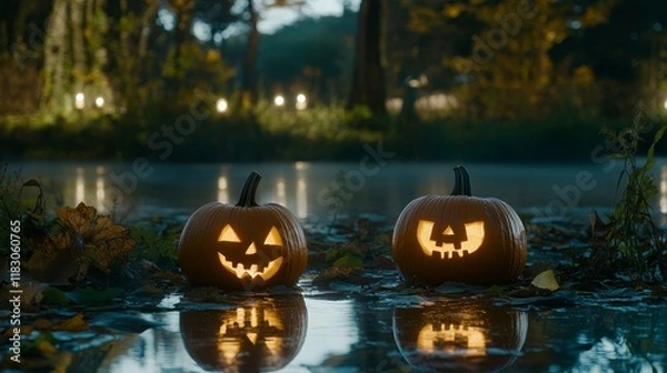 Fototapeta Spooky Halloween Night with Glowing Jack-o'-Lanterns by the Lake Surrounded by Autumn Leaves and Fog in a Mysterious Forest Setting