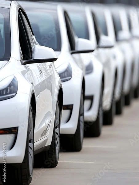Fototapeta A row of white electric cars parked neatly, showcasing a modern automotive design and commitment to sustainable transportation.