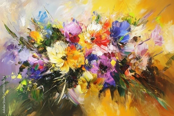 Fototapeta Vibrant Floral Abstract Artwork with Colorful Blossoms and Expressive Brushstrokes, Perfect for Brightening Spaces and Inspiring Creativity