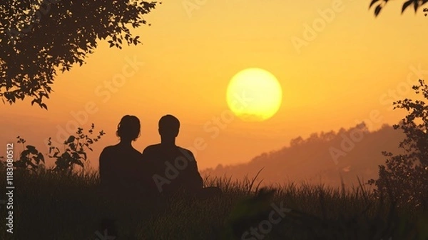 Fototapeta sunset in the mountains with couple