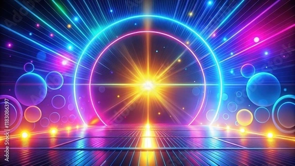 Fototapeta Vibrant Neon Portal with Glowing Circles and Bright Rays on a Reflective Surface