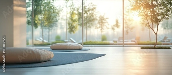 Fototapeta Serene sunrise view from modern room with floor cushions.
