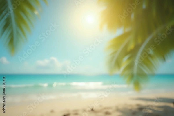 Fototapeta Natural blurred defocused background for concept summer vacation. Nature of tropical summer beach with rays of sunlight.