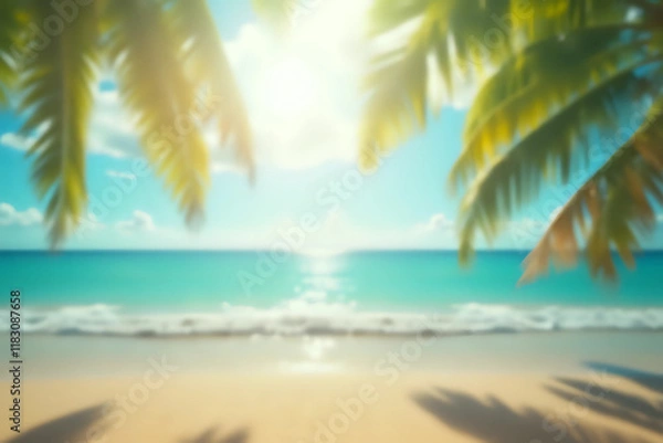 Fototapeta Natural blurred defocused background for concept summer vacation. Nature of tropical summer beach with rays of sunlight.