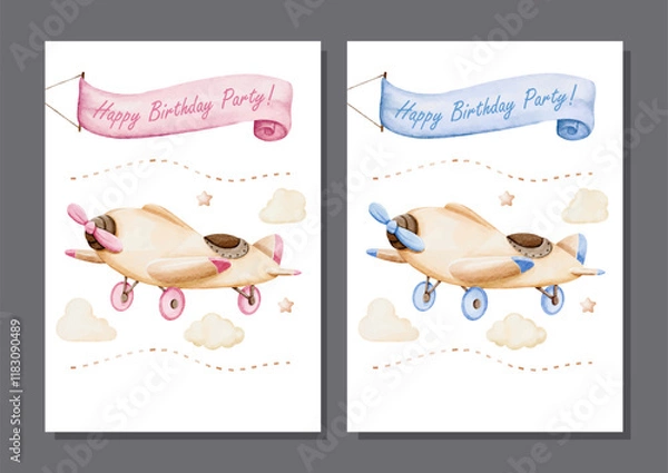 Fototapeta Watercolor Vector set of Blue and Pink Vintage Airplanes for Invitation Card Template Design