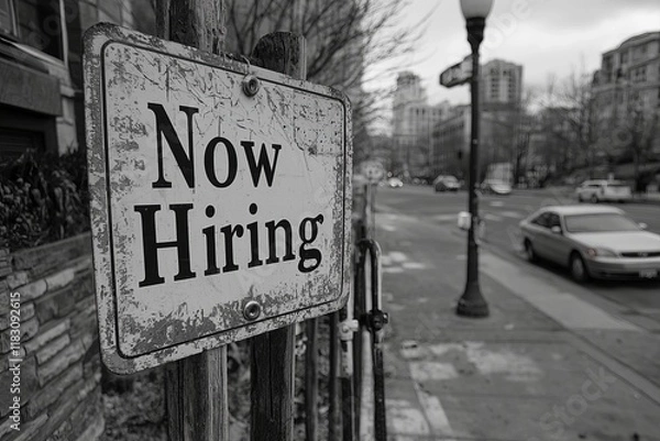 Fototapeta A Now Hiring sign is posted outside a café in a bustling area. People stop to glance at the sign before continuing on their way