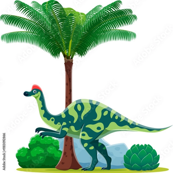 Fototapeta Cartoon prehistoric Hypacrosaurus dinosaur character. Isolated vector duck-billed dino reptile. Ancient herbivore animal of Late cretaceous period stands under palm tree with foliage and rocks around