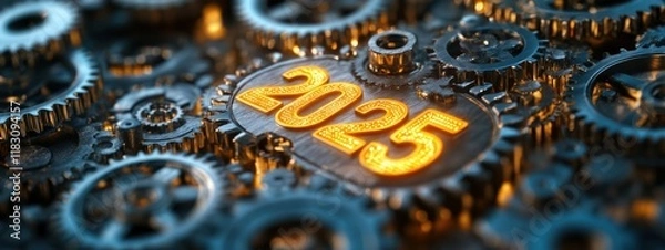 Obraz 2025 Glowing Golden Gears Cogs New Year Concept