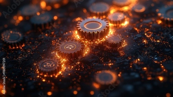 Fototapeta A close-up view of glowing gears on a dark surface, showcasing intricate details and a technological theme.