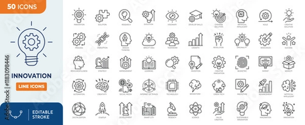 Obraz Innovation line editable icon set. Containing creativity, invention, prototype, Design Thinking, Brainstorm, visionary, idea generation, revolution and more. Vector illustration