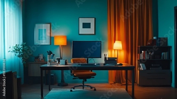Fototapeta a wide room with desk ( 1 monitor ), objects related to communication