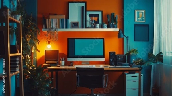 Fototapeta a wide room with desk ( 1 monitor ), objects related to communication