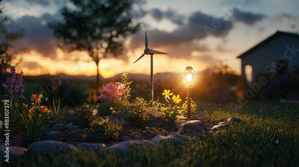 Fototapeta compact wind turbine stands in lush backyard, surrounded by vibrant flowers and glowing lantern, creating serene evening atmosphere