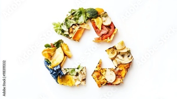 Fototapeta A high-resolution image of a recycling symbol made from various food scraps and peelings, symbolizing eco-friendly