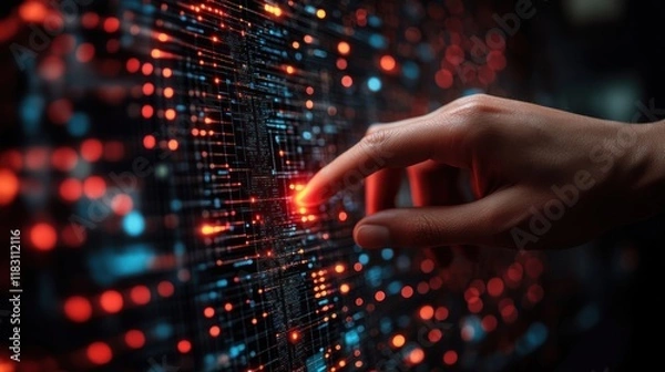 Fototapeta Hand interacting with a digital interface of data.