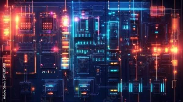 Fototapeta Futuristic digital circuit board with glowing lines and nodes.