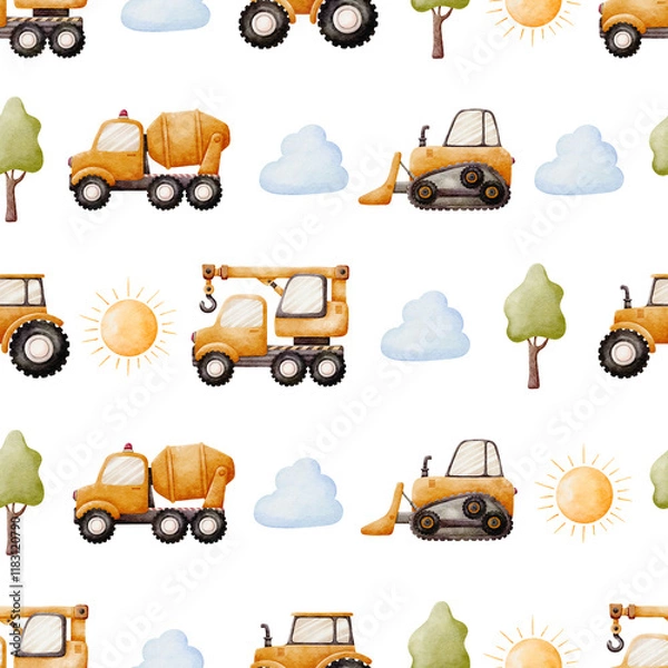 Fototapeta Construction Vehicle Pattern Seamless illustration with Orange Excavator and Constuction Tools, Watercolor seamless background for Kids. Cute Print for childish textile design or wallpaper