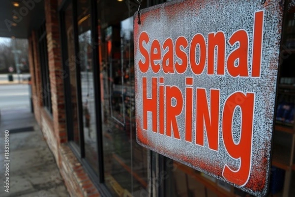 Fototapeta A colorful Seasonal Hiring banner is posted outside a hardware store. The sign encourages
