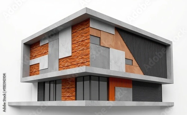Obraz A minimalist architectural model featuring a geometric composition of concrete, brick,