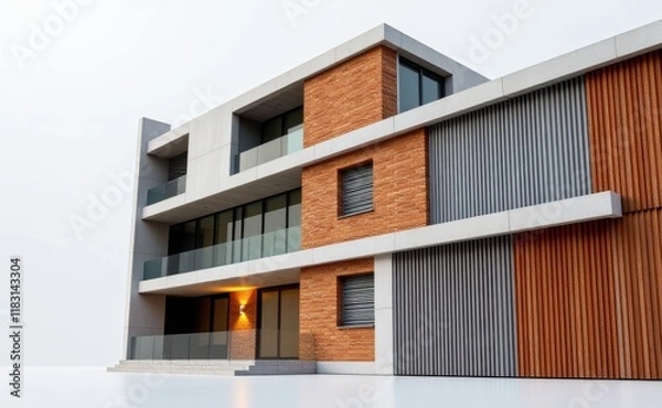 Obraz A minimalist architectural model featuring a geometric composition of concrete, brick,