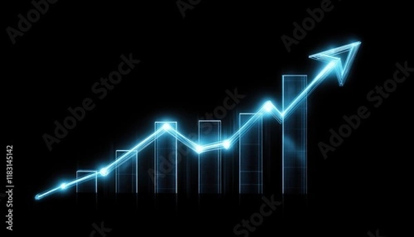 Fototapeta Blue Neon Growth Chart: A futuristic neon blue line graph ascends against a dark background, symbolizing upward trend, progress, and success. The glowing arrow points towards the future.