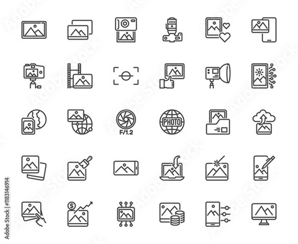 Fototapeta Vector simple set of photo or image related outline icon set, photograph technology and digital camera concept, 48x48 pixel perfect editable line for web, app, ux, ui