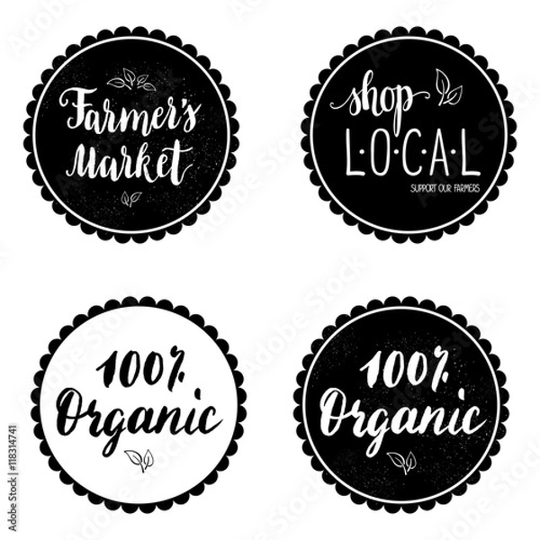 Fototapeta Set of four labels, stickers with hand written farmer's market, shop local text. Badges. Vector.