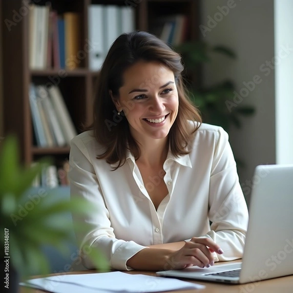 Obraz woman smiles while using her laptop at a desk