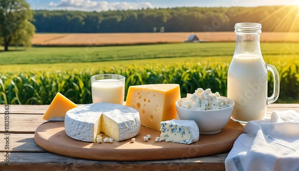 Obraz Fresh milk of cheese and cottage cheese on a wooden table on a farm against a field. Sunny morning dairy farm products