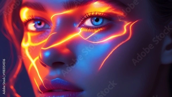 Obraz lose-up of a woman's face with orange light patterns on it