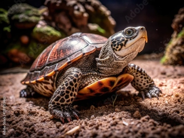 Fototapeta Mossy shell, sandy bottom recreate natural Diamondback terrapin habitat for captivating reptile photography.
