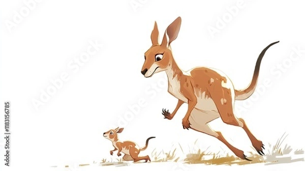 Fototapeta a 2D cartoon illustration of a jumping kangaroo with a baby joey, energetic and cute, white background--ar 16:9