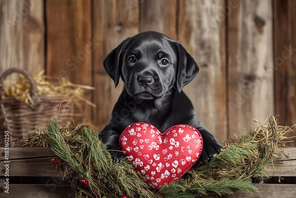 Fototapeta This adorable black lab puppy rests on wood, straw, and pine in a rustic country farm setting with Valentine’s Day charm.
